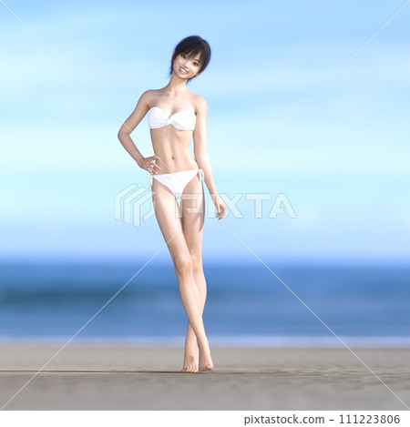 穿著白色泳衣的年輕女子在海邊擺姿勢 perming3dcg 插畫素材 111223806