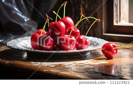 AI-generated content. Healthy food, ripe fresh cherries on the table in the sunlight from the window. Vintage style AI-generated content. Healthy food, ripe fresh cherries on the table in the sunlight from the window. Vintage style 111223921