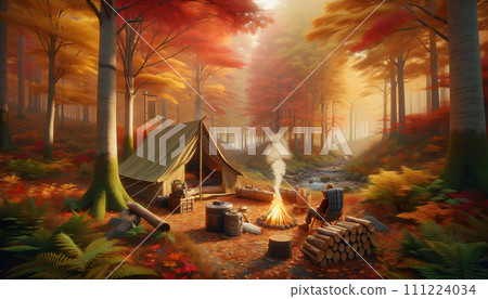 Quiet campsite in the autumn forest Quiet campsite in the autumn forest 111224034
