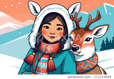 AI-generated content. A beautiful Eskimo girl in national clothes standing in tundra with a deer. 111224044