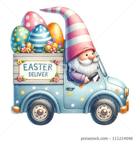 Easter Gnome with a Springtime truck watercolor clipart. AI Generate 111224096