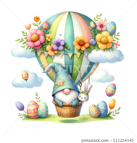Gnome gnome in Easter-themed hot air balloon watercolor clipart. AI Generate Gnome gnome in Easter-themed hot air balloon watercolor clipart. AI Generate 111224145
