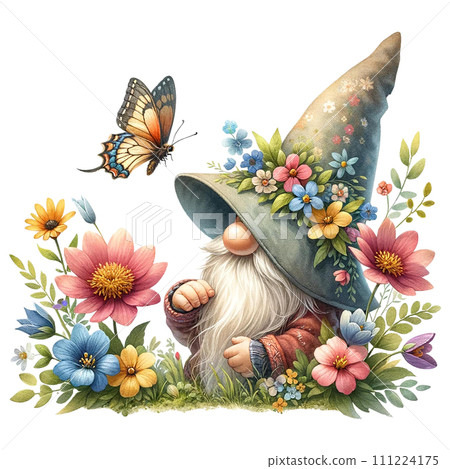 Easter Gnome with  Butterfly and flowers  watercolor clipart. AI Generate 111224175