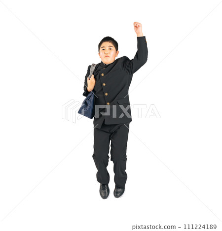 A male student wearing a jumping school uniform. Full-body photo PNG with a transparent background precisely cut out by hand. A male student wearing a jumping school uniform. Full-body photo PNG with a transparent background precisely cut out by hand. 111224189