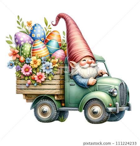 Easter Gnome with a Springtime truck watercolor clipart. AI Generate Easter Gnome with a Springtime truck watercolor clipart. AI Generate 111224233