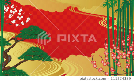 日式背景。向量圖的金色背景與松、竹、梅花和雲 111224389