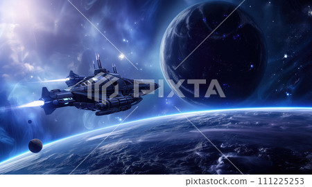 Dark blue universe and futuristic space ship flying across big planets in the galaxy. Universe fantasy astronomy space background wallpaper Dark blue universe and futuristic space ship flying across big planets in the galaxy. Universe fantasy astronomy space background wallpaper 111225253