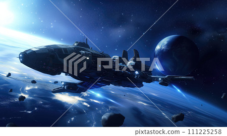 Dark blue universe and galaxy ship flying across space dust near the surface of the huge planet. Universe fantasy astronomy space background wallpaper Dark blue universe and galaxy ship flying across space dust near the surface of the huge planet. Universe fantasy astronomy space background wallpaper 111225258