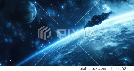 Futuristic space ship in the universe near the fantasy planet surface flying toward another planet. Universe fantasy astronomy space background wallpaper Futuristic space ship in the universe near the fantasy planet surface flying toward another planet. Universe fantasy astronomy space background wallpaper 111225261