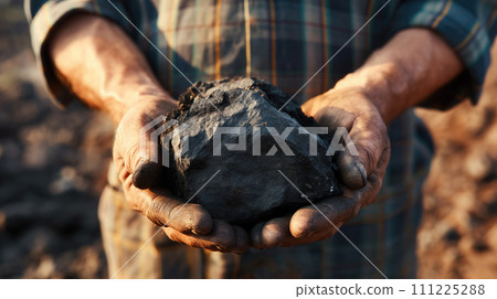 Working man holding stone rock coal in his hands. Many ash and durty around, gray and dark black color, close-up view 111225288