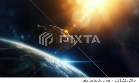 Asteroid in space moves toward the planet, in front of earth surface with sun rays, planet and starry cosmos. Universe science astronomy space background wallpaper 111225290