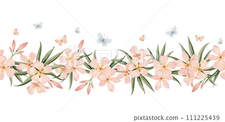 Oleander flowers with flying peach pink and pastel blue butterflies watercolor seamless border isolated on white background. Floral horizontal banner for wedding designs and baby girl room decor Oleander flowers with flying peach pink and pastel blue butterflies watercolor seamless border isolated on white background. Floral horizontal banner for wedding designs and baby girl room decor 111225439