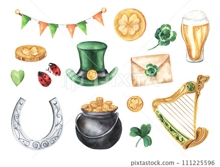 Set for st. Patrick's day with green hat, green heart, harp, beer, shamrock and horseshoe, envelope, pot of gold; watercolor hand draw illustration; ; with white isolated background Set for st. Patrick's day with green hat, green heart, harp, beer, shamrock and horseshoe, envelope, pot of gold; watercolor hand draw illustration; ; with white isolated background 111225596
