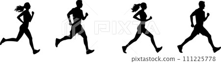 Monochrome silhouettes of men and women walking and running 111225778
