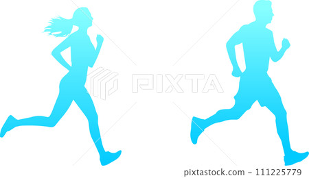 年輕男女跑步的剪影(夏季圖片) 年輕男女跑步的剪影(夏季圖片) 111225779
