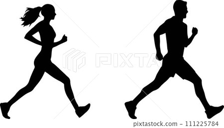 Monochrome silhouette of young man and woman jogging Monochrome silhouette of young man and woman jogging 111225784