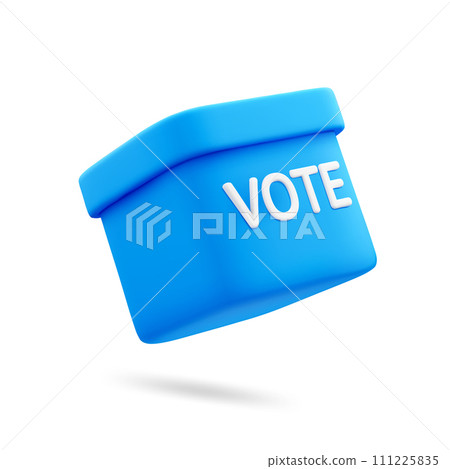 3D Cartoon Vote Box in Blue Color Isolated on White Background. Ballot Box for Election Campaign. Vector Illustration of Render 3D Icon. 111225835