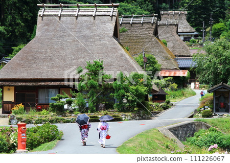 People strolling through a village of old thatched houses People strolling through a village of old thatched houses 111226067