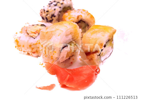 Delicious set of fresh sushi, pickled ginger 111226513