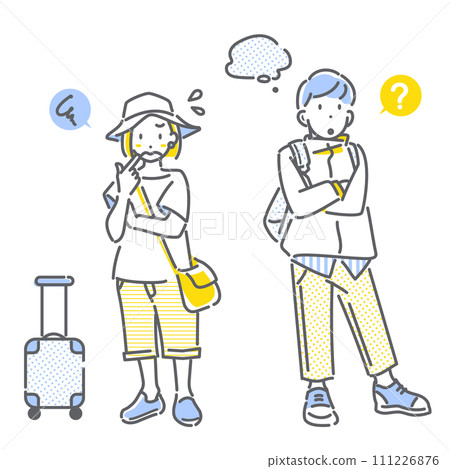 A simple and stylish line drawing illustration of a young woman and man having troubles and doubts while traveling. 111226876