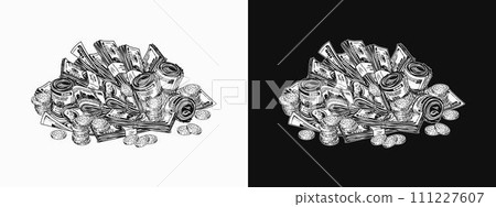 Pile, heap of cash money, coins. Black and white vintage illustration with money rolls, wads, stacks of US 100 dollar bills on black, white background. Concept of wealth and success. Pile, heap of cash money, coins. Black and white vintage illustration with money rolls, wads, stacks of US 100 dollar bills on black, white background. Concept of wealth and success. 111227607