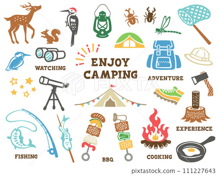 Paper-cut style camping and summer vacation illustration set 111227643