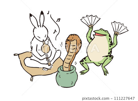 Chojugiga Illustration of a rabbit becoming a snake charmer and playing with a frog 111227647