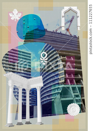 Urban environment and city life. Surreal art collage with elements of architectural details, building facades, construction sites. Mixed industrial background of modern and historical architecture. Urban environment and city life. Surreal art collage with elements of architectural details, building facades, construction sites. Mixed industrial background of modern and historical architecture. 111227655