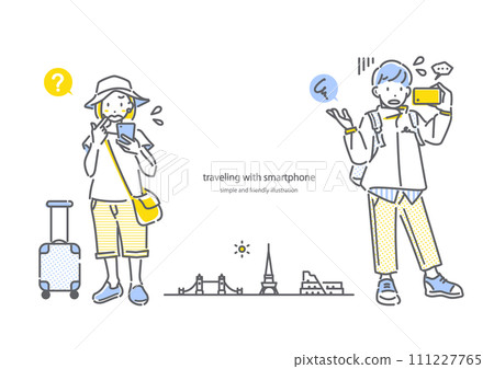 A young woman and man who are irritated by their smartphones while traveling abroad. Simple and stylish line drawing illustration. 111227765