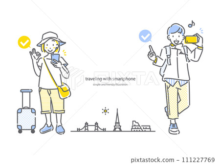 出國旅行時舒適地使用智慧型手機的年輕男女。簡單時尚的線條畫插圖。 111227769
