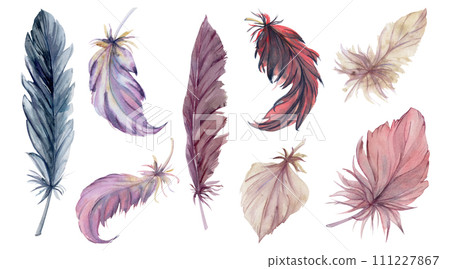 Hand drawn watercolor illustration bird feather plume quill boho tribal ethnic indian. Set of objects isolated on white background. Design for charm, scrapbooking, dreamcatcher, handmade craft, tattoo Hand drawn watercolor illustration bird feather plume quill boho tribal ethnic indian. Set of objects isolated on white background. Design for charm, scrapbooking, dreamcatcher, handmade craft, tattoo 111227867