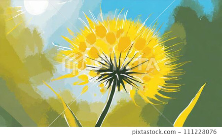 yellow dandelion flowers and green leaves 111228076