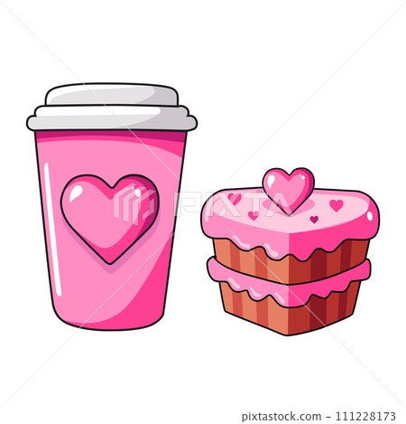 Vector icon with pie and coffee by Valentine day. Flat design element set. For greeting card 111228173