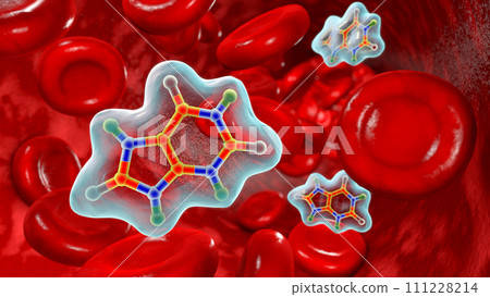Uric acid molecule in blood circulation, 3D illustration Uric acid molecule in blood circulation, 3D illustration 111228214