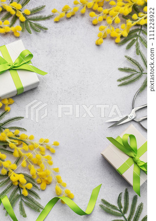 Mimosa branch and gift boxes on gray concrete background. Mimosa branch and gift boxes on gray concrete background. 111228922