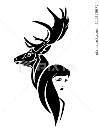 shaman woman and deer stag spirit black and white vector head portrait shaman woman and deer stag spirit black and white vector head portrait 111229672