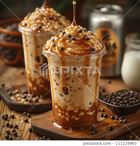 milkshake with chocolate and caramel 111229963