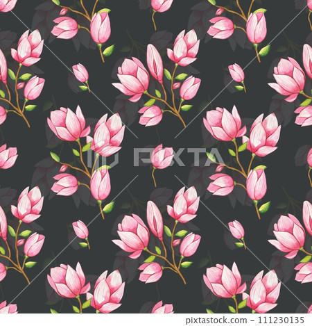 Seamless pattern with pink magnolia flowers, watercolor 111230135