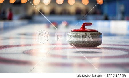 Curling stone in close-up, sliding on icy sheet. 111230569