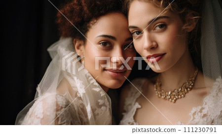 Joyous wedding celebration of loving LGBT couple, heartwarming union. 111230791