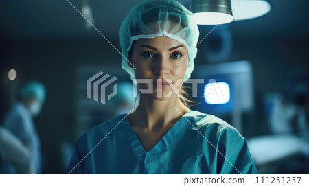 Professional female surgeon in clinic's OR, displaying confidence, expertise. 111231257
