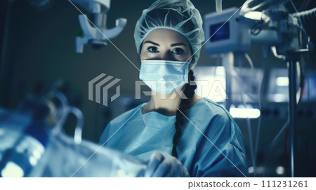 Woman surgeon in operating room, professional demeanor. Woman surgeon in operating room, professional demeanor. 111231261