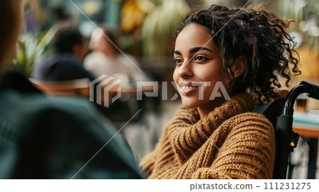 Resilient woman in wheelchair embodies confidence and determination. Resilient woman in wheelchair embodies confidence and determination. 111231275