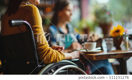 Confident and determined wheelchair user navigates life with resilience. 111231276