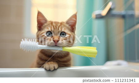 enjoying cleansing process, playful and wet cat enjoying cleansing process, playful and wet cat 111231341