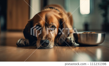 Dog's mealtime, caring pet owner 111231396