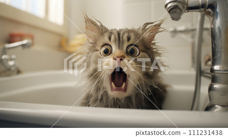 Startled kitty discovers the bathtub. 111231438
