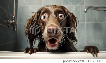 Shocked dog bathing in the bathroom 111231445