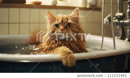 ginger cat bathing in the bathroom 111231461