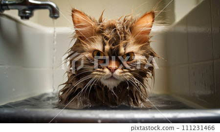 Cat's comical encounter with water. 111231466